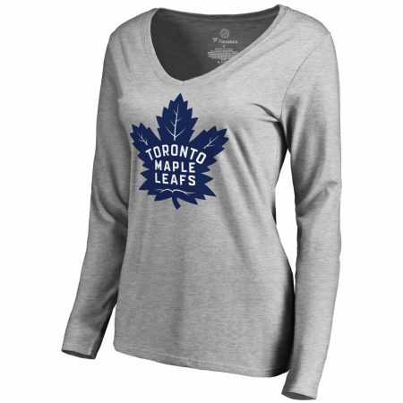 Women's Heathered Gray Toronto Maple Leafs New Primary Logo V-Neck Long Sleeve T-Shirt